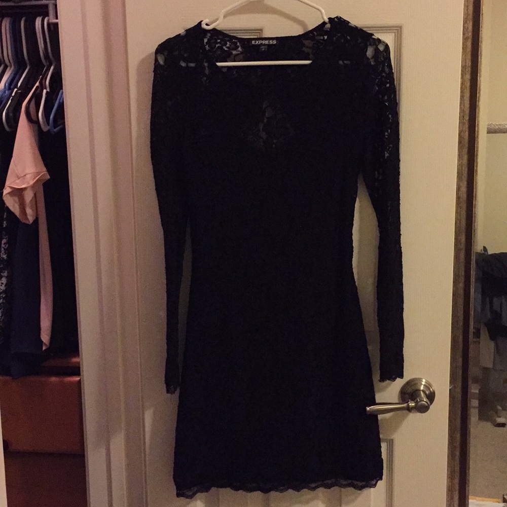 Lace open back black dress